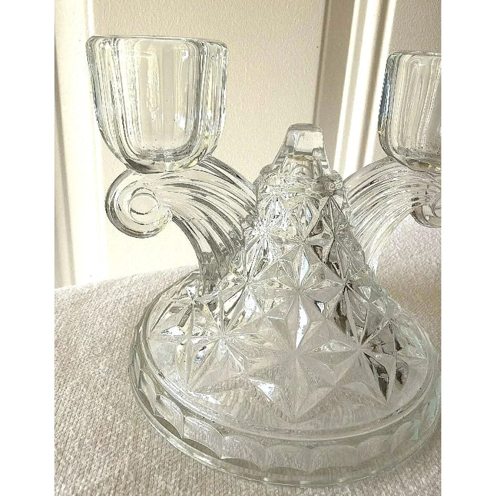 Imperial Glass Double Candlestick Holder Clear EUC Daisy Button Scrolled Arms
